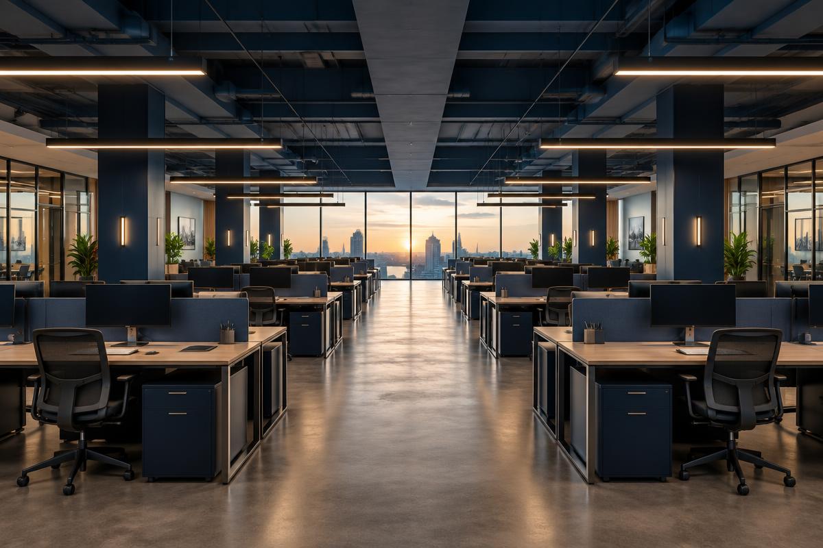 Open-plan office floor with rows of empty desks and a long view to the windows