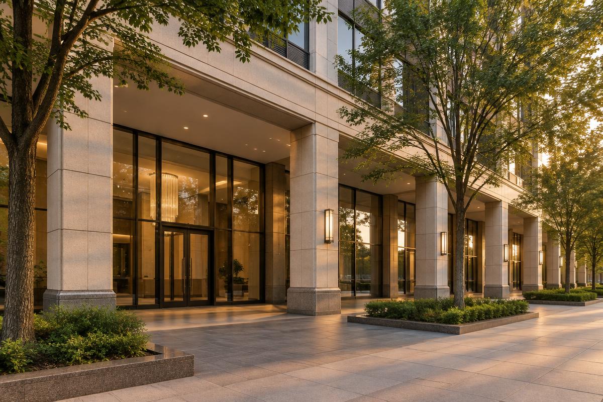 Entrance and lower floors of a well-kept commercial building with a colonnade