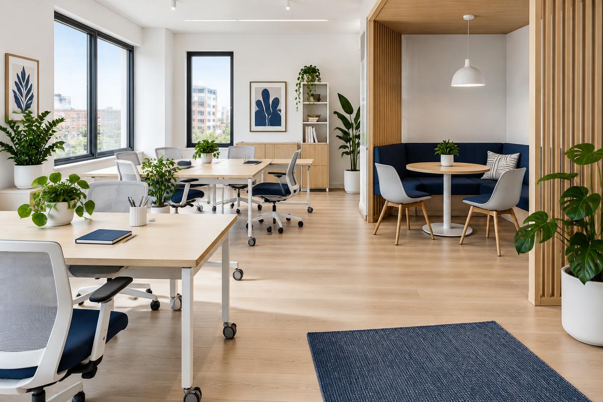 Compact flexible office with movable desks, a meeting nook and plants