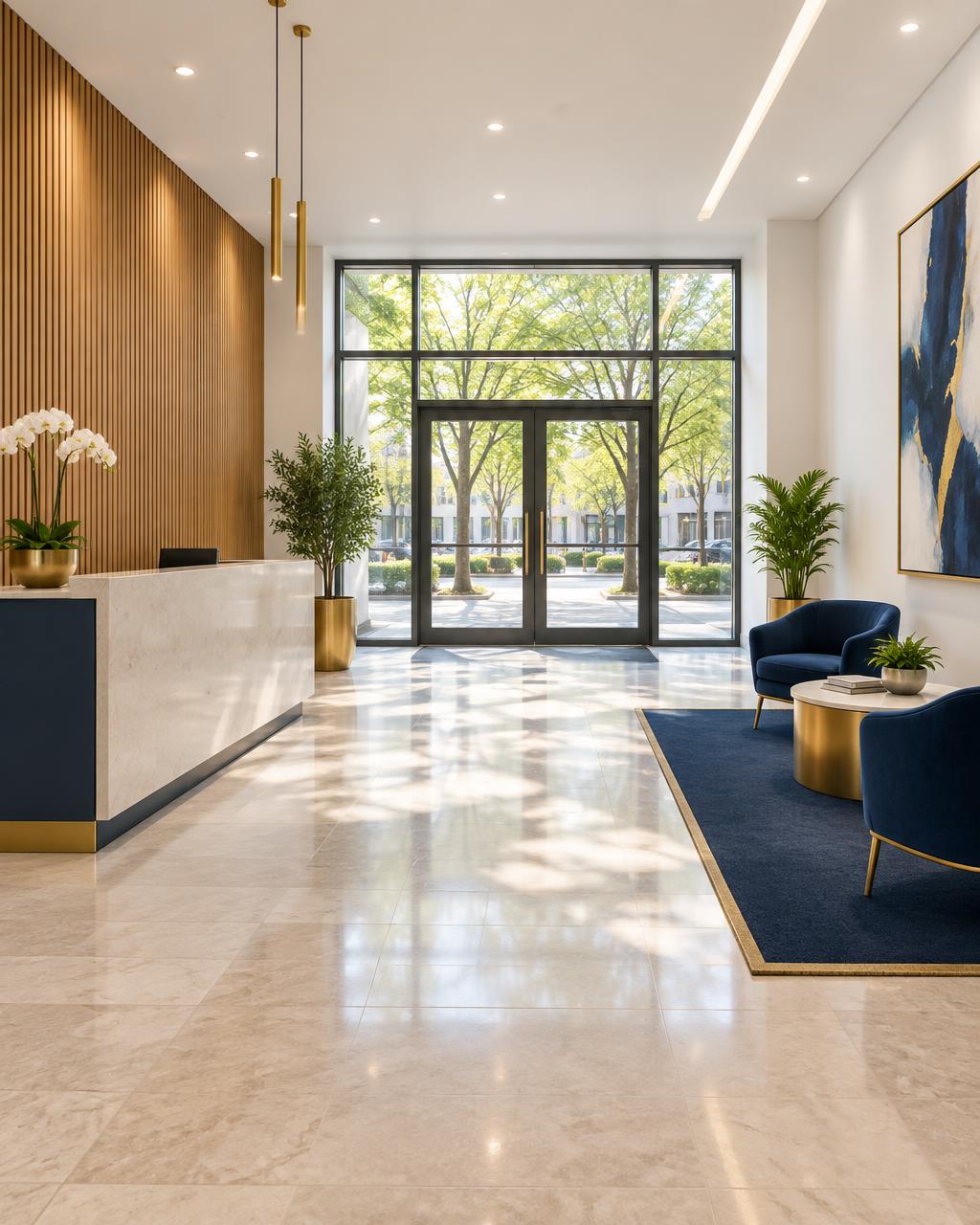 Bright empty reception lobby with a stone floor, timber wall and glass doors to street trees